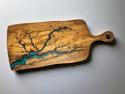 Green resin art paddle board with fractal lightning burn artwork across acacia timber, handcrafted serving paddle East Gippsland Australia, Fractal Flow Designs