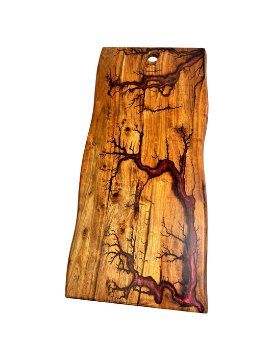Australian handmade live edge board with red resin art and natural fractal burning detail, artisan serving board Australia, Fractal Flow Designs