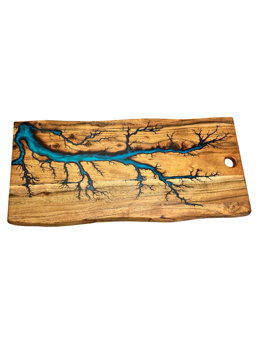 Australian handmade live edge board with turquoise resin art and natural fractal burning detail, artisan serving board Australia, Fractal Flow Designs