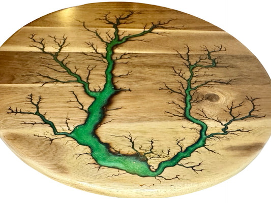 Top view of an acacia lazy Susan with green resin art by fractal flow designs in east Gippsland, Victoria , Australia