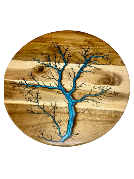 tree like pattern on a large lazy susan with sky blue resin inlay made in east gippsland