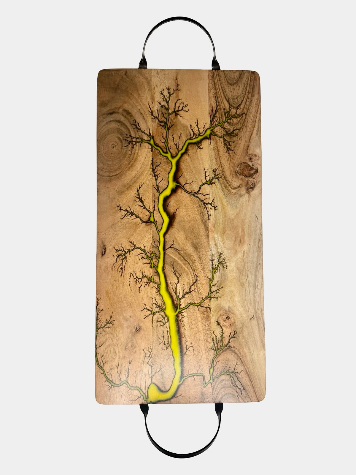 Premium acacia serving board with vibrant yellow resin inlay and lightning fractal burn design across the timber, Australian resin boards, Fractal Flow Designs
