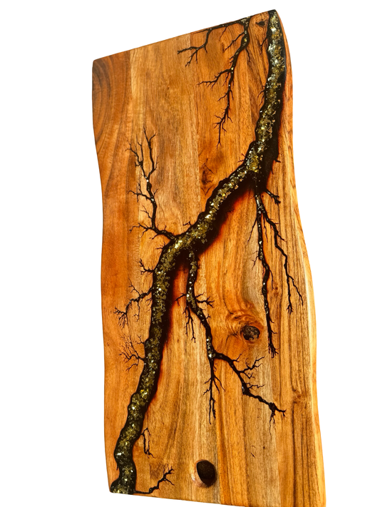 Handmade gold sparkle resin art cheese board, natural hardwood grain finish, Victoria artisan craftsmanship