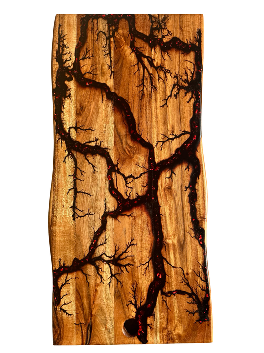 Black and red resin charcuterie board with natural live edge timber, Australian-made artisan board, Gippsland