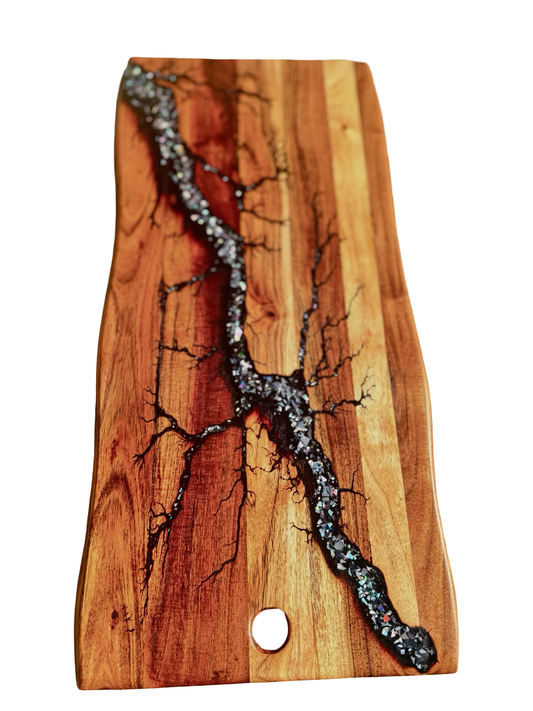 Black and silver resin fractal burning art large acacia board, premium Australian timber craftsmanship, East Gippsland Victoria