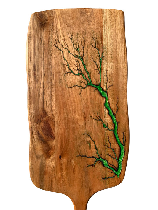 Premium green resin serving paddle made from Australian acacia timber