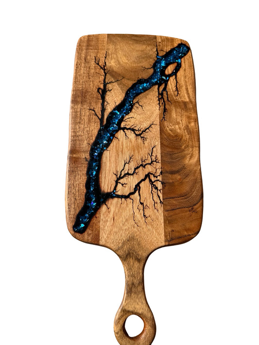 Handmade blue resin cheese board paddle with fractal burning art, Australia