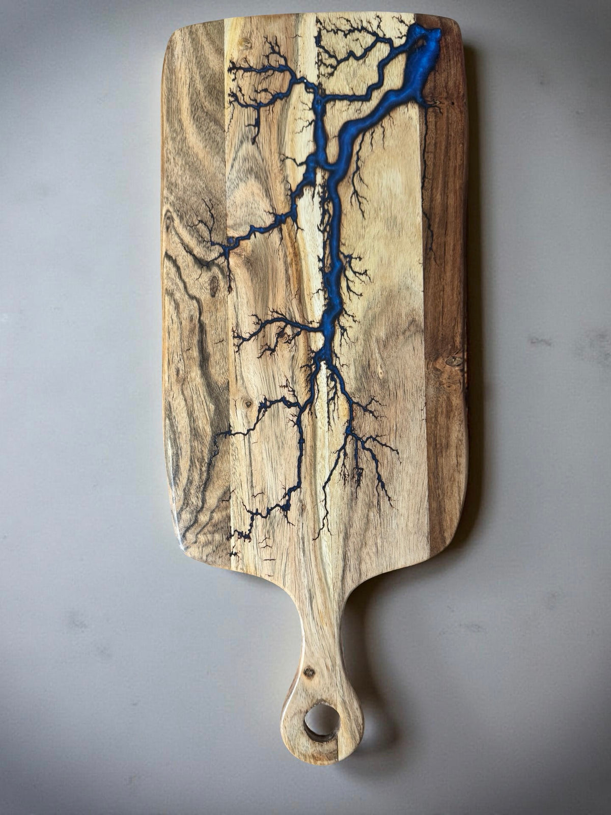 Sapphire blue resin rectangle cheese board with electric fractal pattern handcrafted acacia timber resin boards australia east gippsland