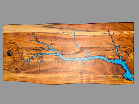 Luxury handmade resin grazing platter Australia with sky blue resin artwork and natural timber