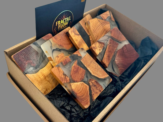 Australian resin timber coasters set of six – handcrafted by Fractal Flow Designs, East Gippsland giftware