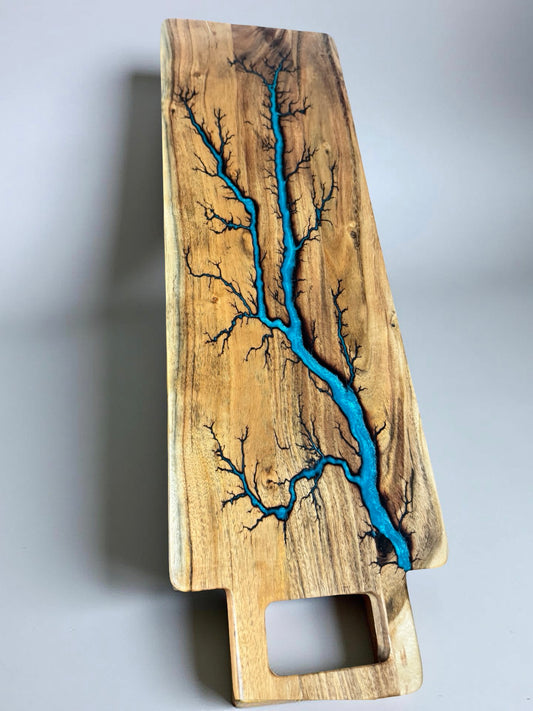 Lagoon blue electric resin long serving board, premium Australian timber platter
