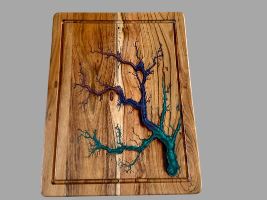 Large Australian acacia chopping board with vibrant blue, green and purple resin art, handcrafted fractal burning and premium timber, one of a kind kitchen board made in Australia