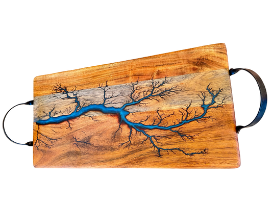 Handmade sky blue resin cheese board, natural hardwood grain finish, Australian made