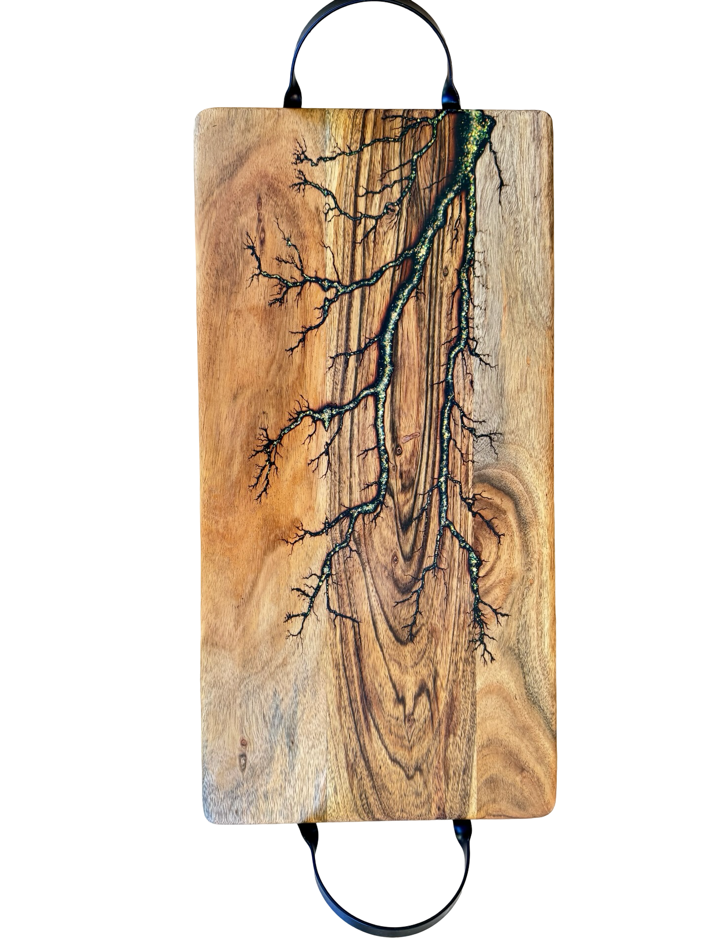 Premium gold glitter serving platter, Australian-made hardwood board with black handles, East Gippsland