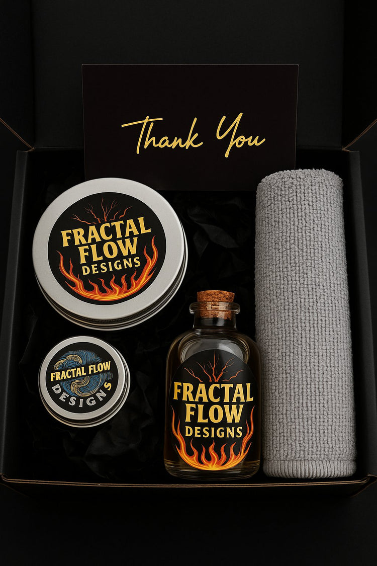 Board care kit collection by Fractal Flow Designs – Australian-made wax, oil, and cloth set designed to protect and restore resin and timber serving boards, cheese boards, and charcuterie platters. Premium food-safe maintenance kit, ships Australia-wide.