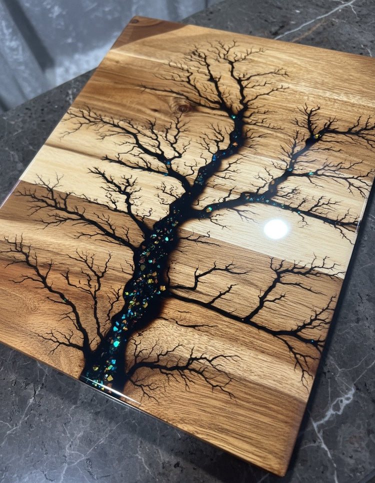 Leading Australian resin board Brand Fractal Flow Designs- handcrafted in East Gippsland using sustainable timber and food safe resin premium serving cheese and charcuterie pieces for gifting and home entertaining
