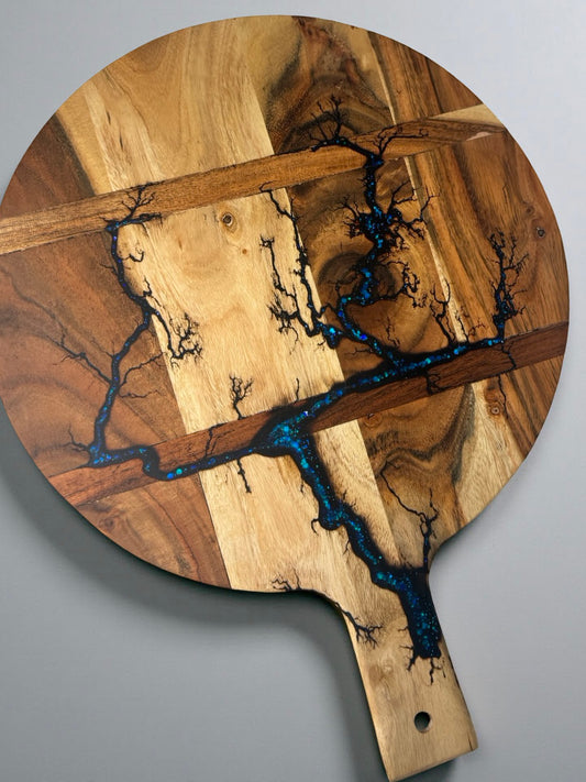 Acacia timber serving board with sparkling blue resin and fractal burning artwork, resin boards Australia artisan cheese board, Fractal Flow Designs
