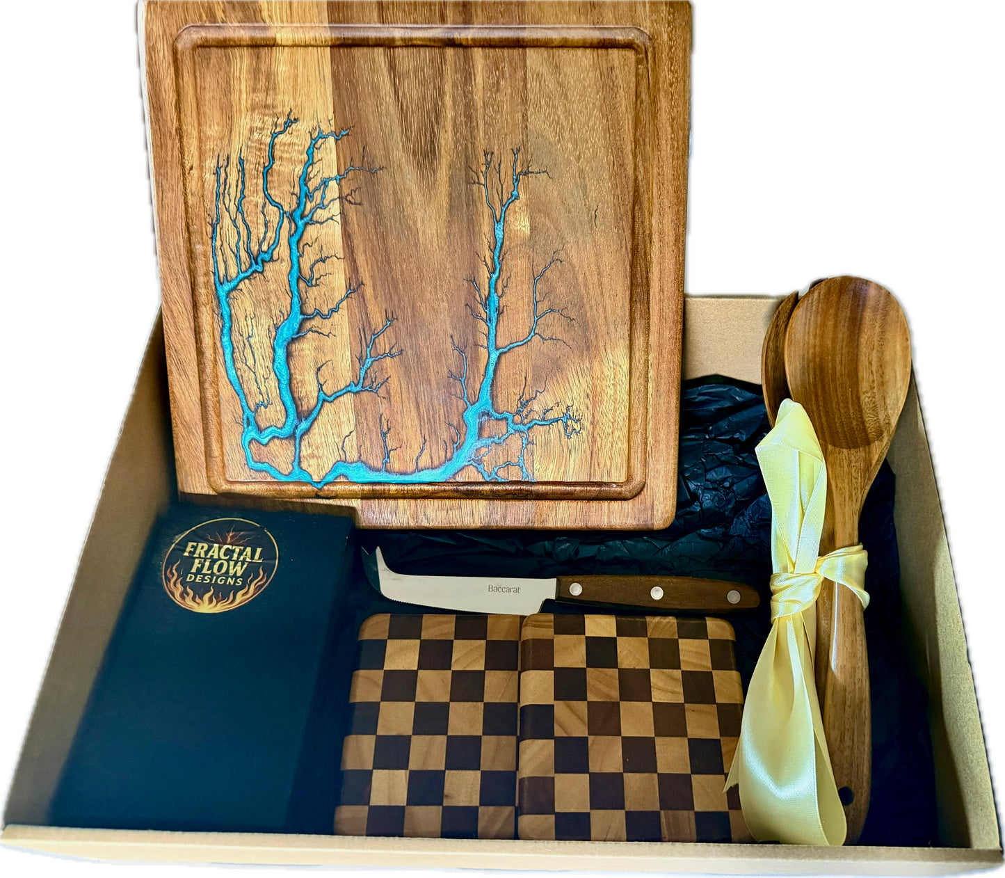 Handmade resin cheese board gift box featuring Australian hardwood, unique fractal burning and a premium gourmet gift set, Australia