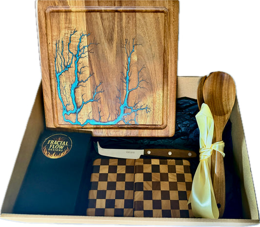 Handmade resin cheese board gift box featuring Australian hardwood, unique fractal burning and a premium gourmet gift set, Australia