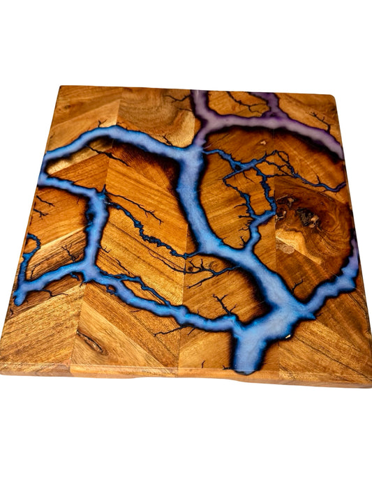 Large acacia chopping board with glowing iridescent blue resin and organic fractal burning artwork, handcrafted resin board Australia, Fractal Flow Designs