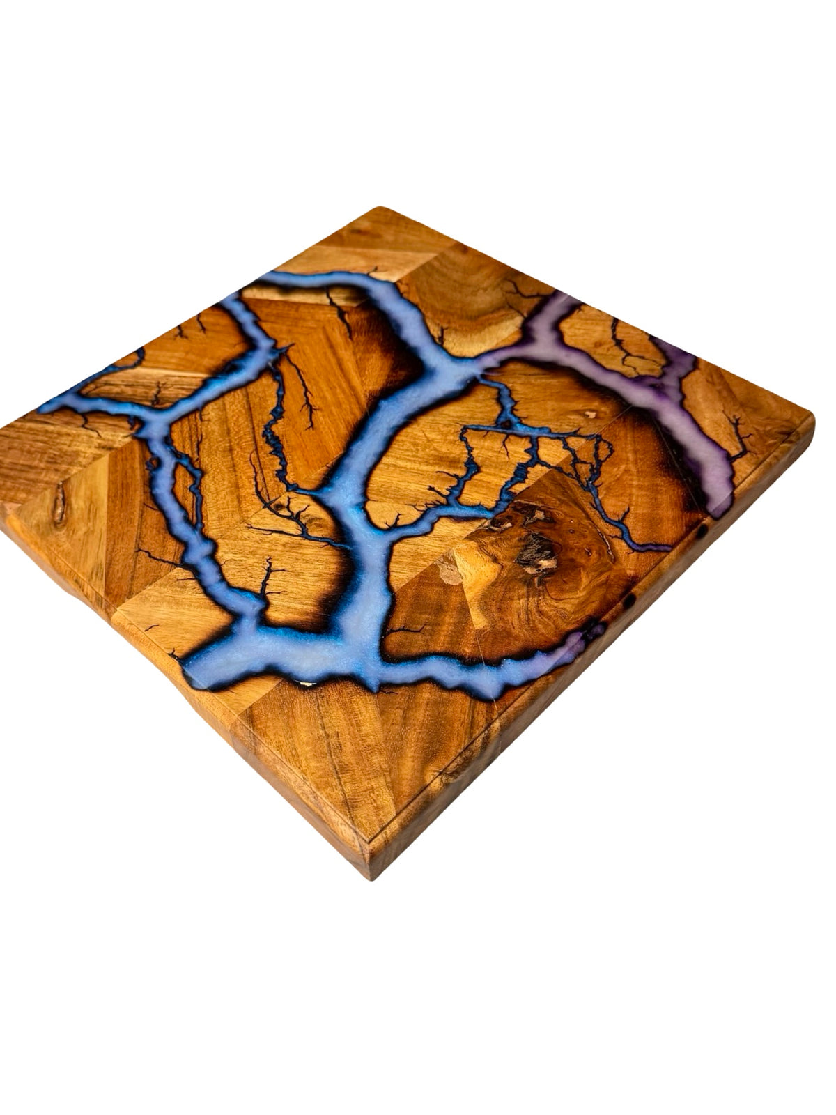 Premium Australian resin chopping board with iridescent blue resin inlay and lightning fractal burn design across acacia timber, Fractal Flow Designs