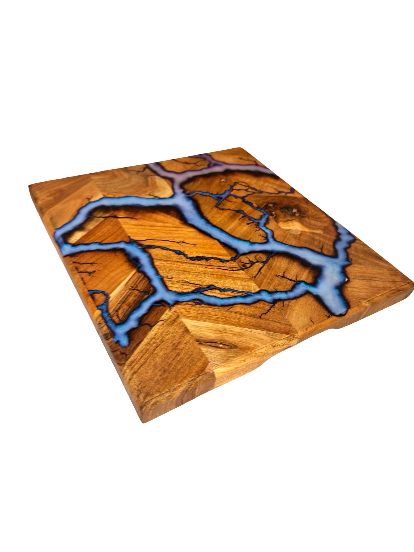 Iridescent blue resin chopping board crafted from acacia timber with lightning fractal burn artwork, handmade kitchen board East Gippsland Australia, Fractal Flow Designs