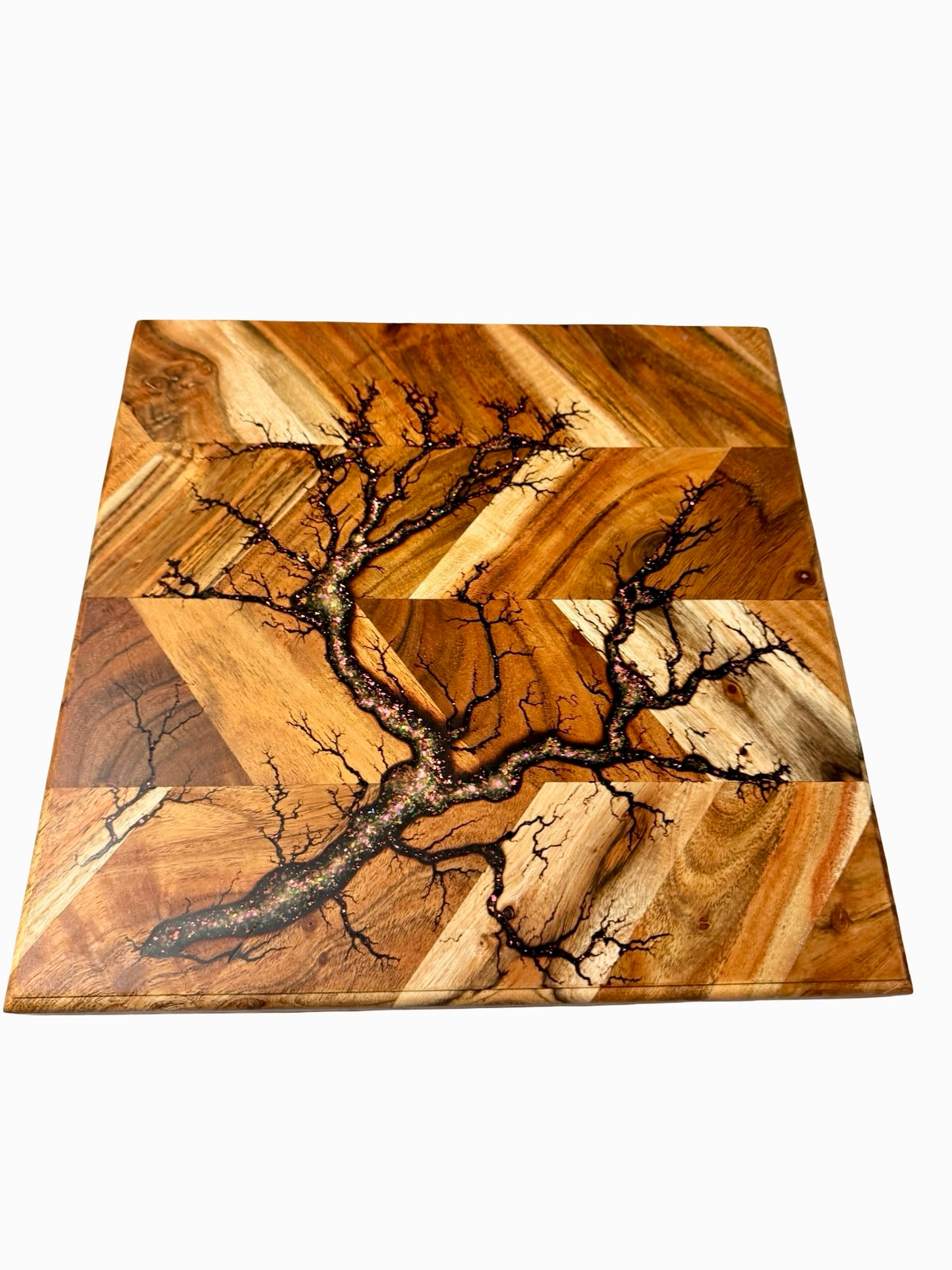 Artisan resin chopping board with glitter resin art and natural fractal burning detail through acacia timber, handmade kitchen board Australia, Fractal Flow Designs