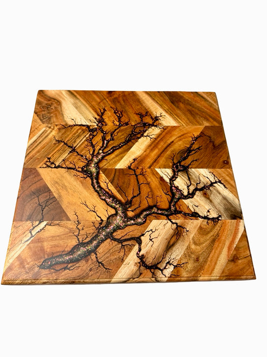 Artisan resin chopping board with glitter resin art and natural fractal burning detail through acacia timber, handmade kitchen board Australia, Fractal Flow Designs