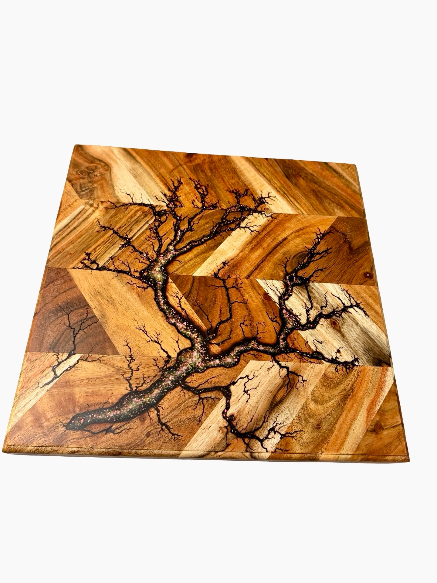 Sparkle resin chopping board crafted from acacia timber with lightning fractal burn artwork, handmade kitchen board East Gippsland Australia, Fractal Flow Designs