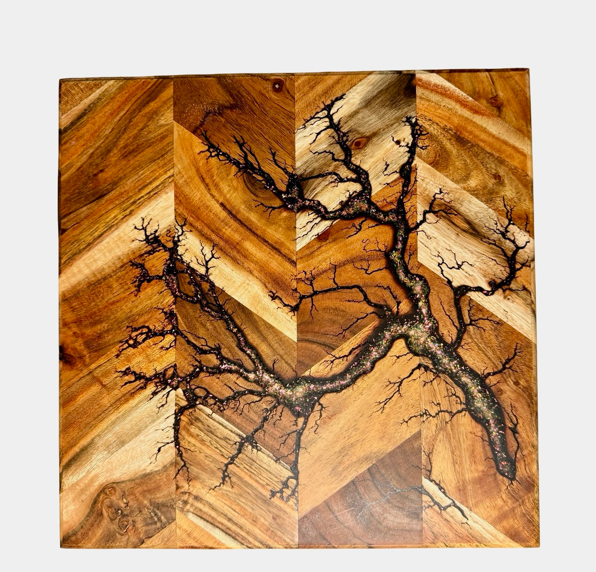 Acacia timber chopping board with shimmering sparkle resin river and organic fractal burning pattern, artisan resin boards Australia, Fractal Flow Designs