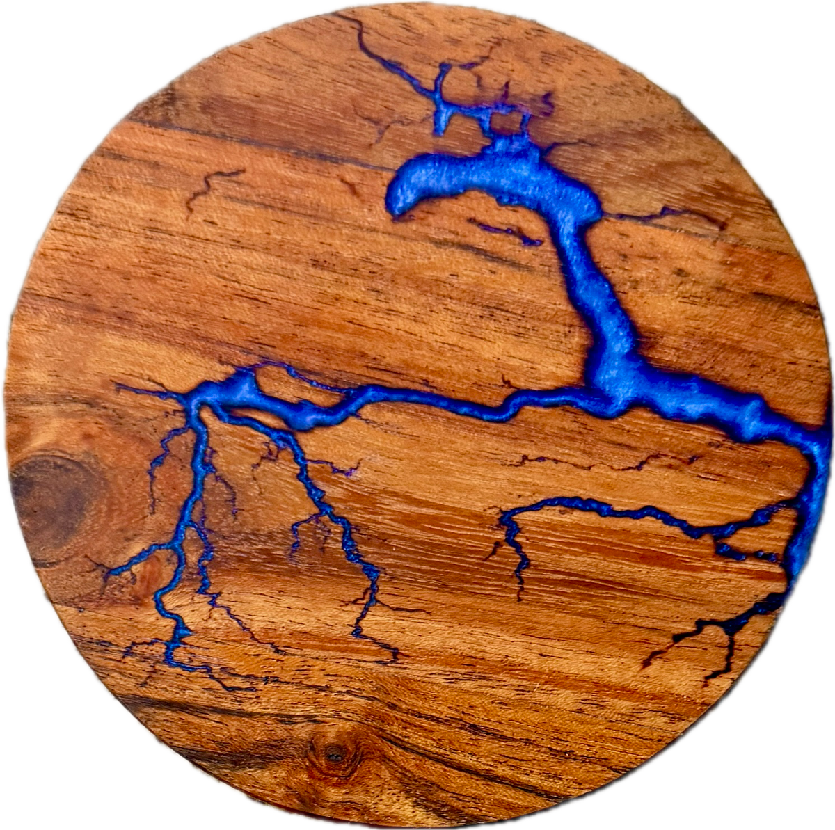 Premium acacia timber coasters with sapphire blue resin inlay and unique fractal wood art, Australia