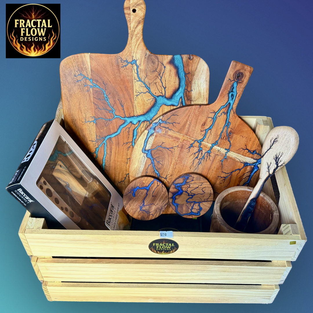 Australian deluxe gift box with one of a kind resin board, handcrafted timber art and premium entertaining gift set, East Gippsland