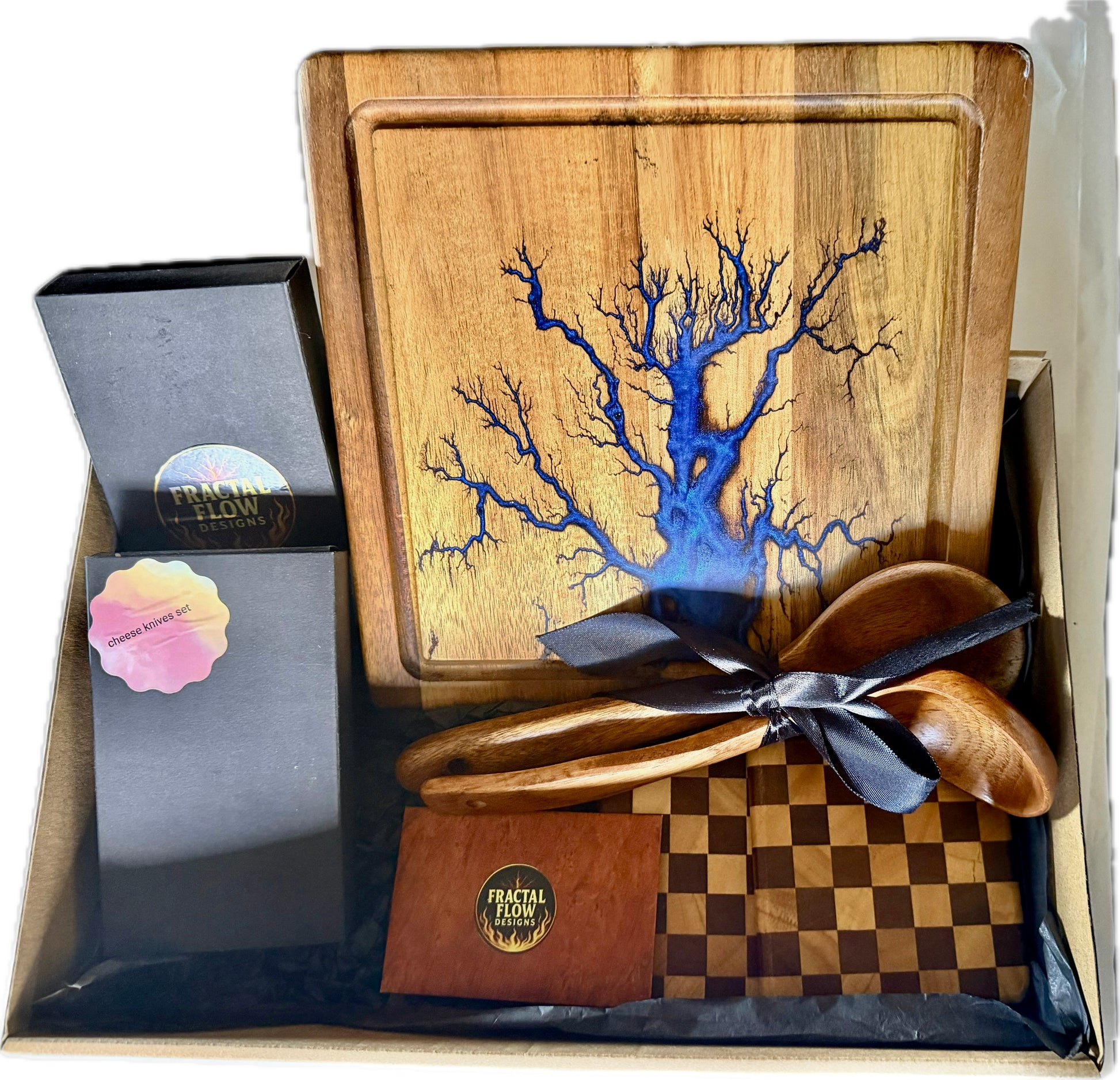 Deluxe resin cheese board gift box with fractal burned Australian timber board and premium serving accessories, one of a kind gift