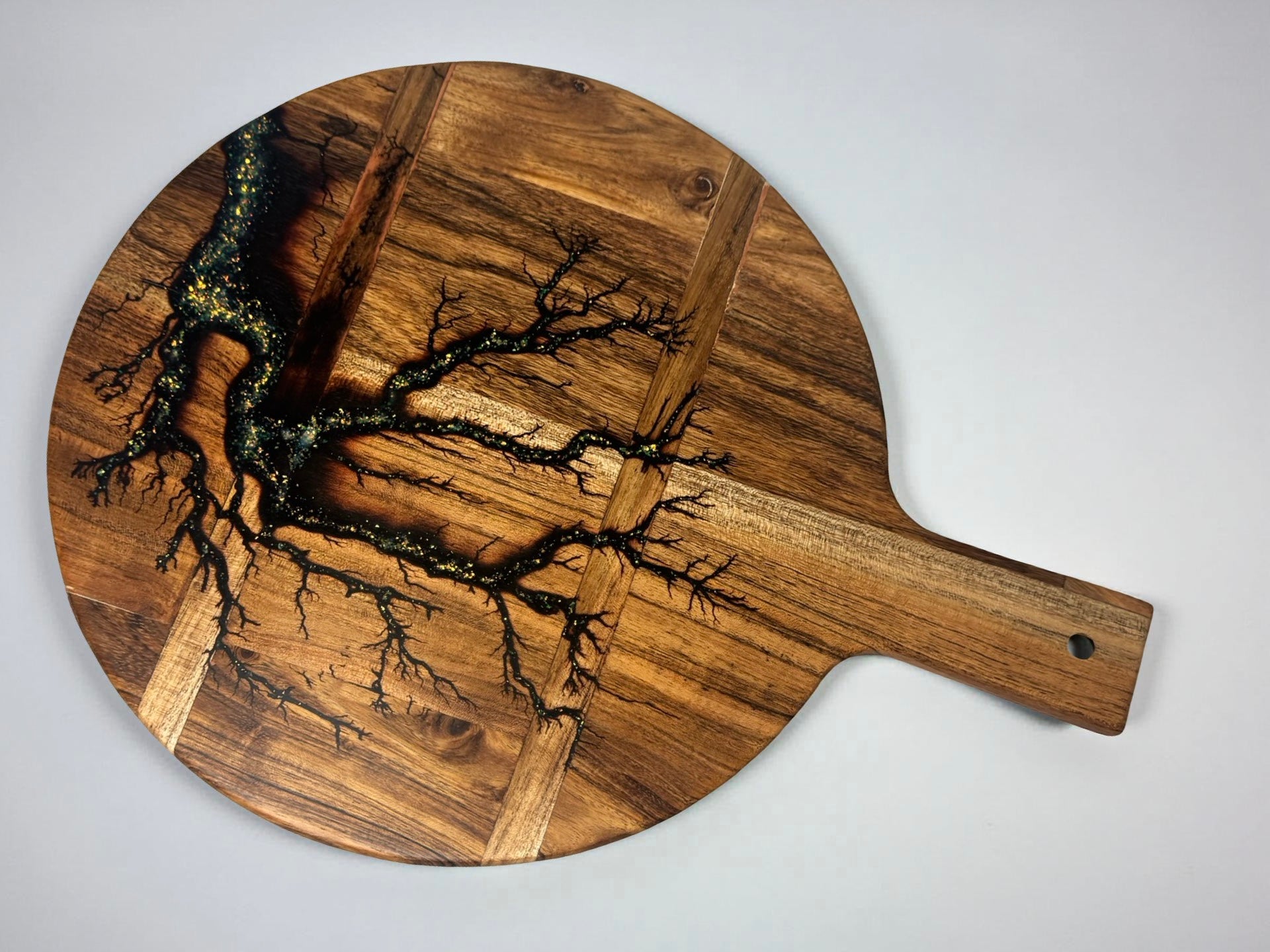 Premium gold resin grazing cheese board with lightning fractal burn design across acacia timber, handmade resin board Australia, Fractal Flow Designs