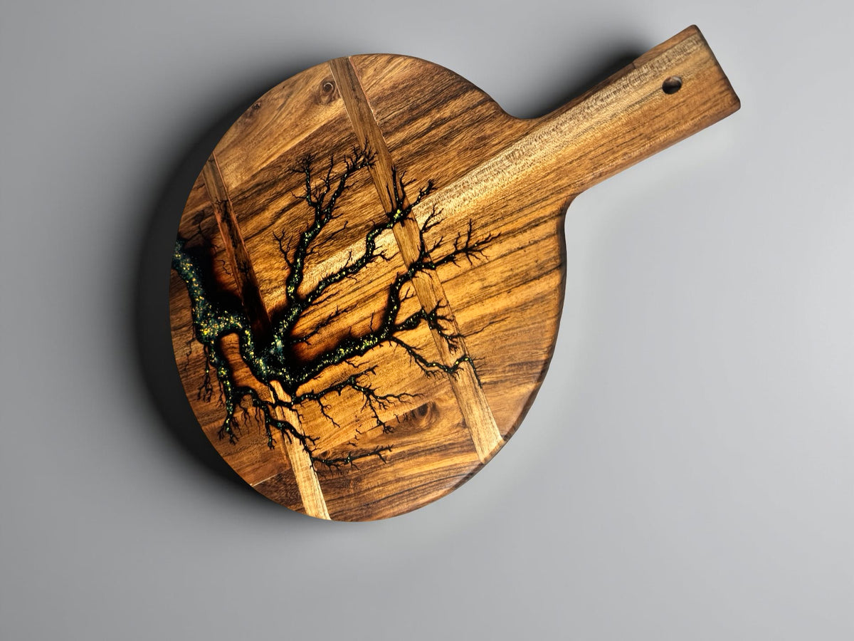 Handcrafted acacia serving cheese board with shimmering gold resin river and fractal lightning burn pattern, artisan resin board East Gippsland Australia, Fractal Flow Designs