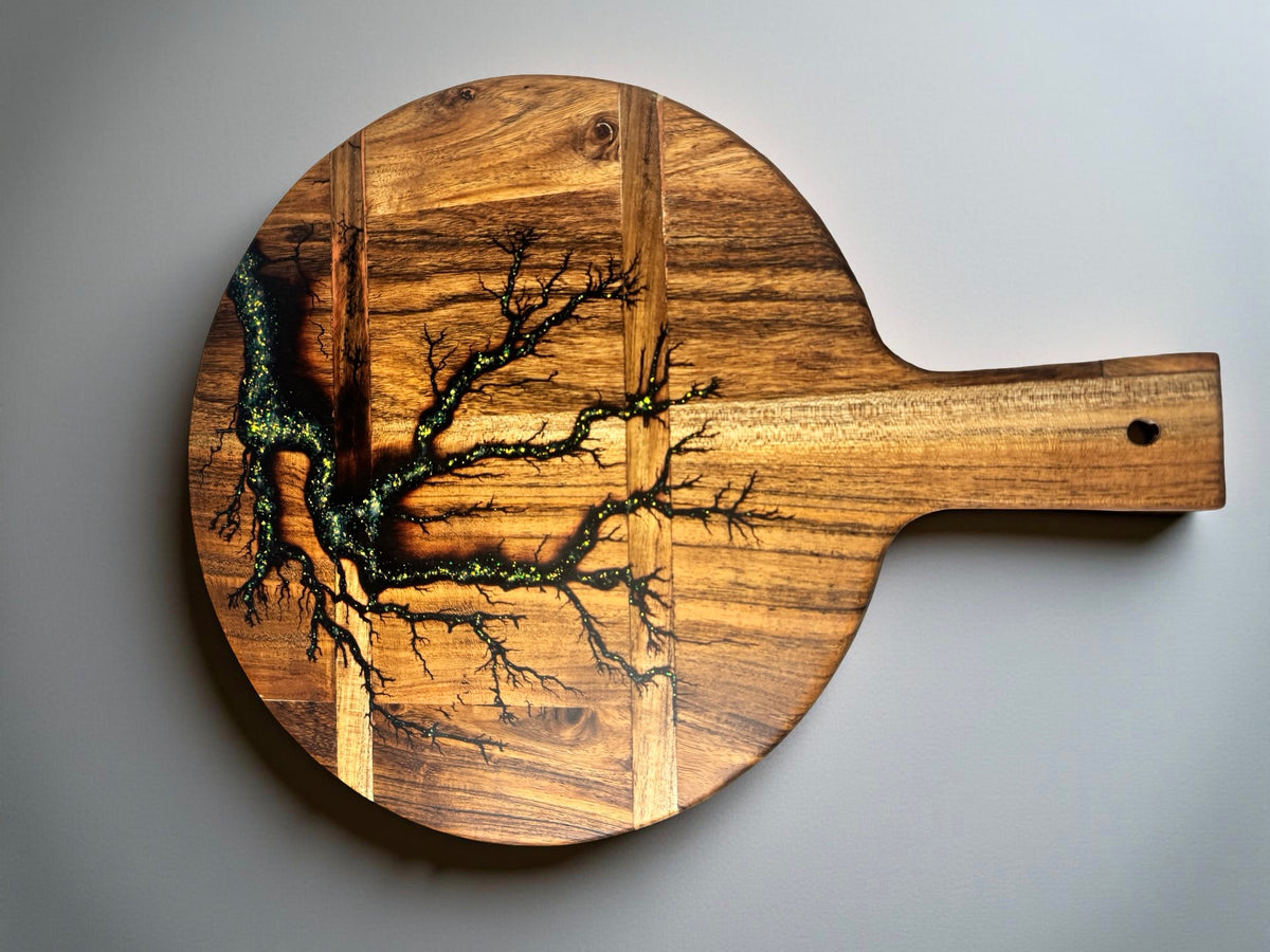 Gold resin cheese board with fractal lightning burn pattern through acacia timber, handcrafted serving board East Gippsland Australia, Fractal Flow Designs