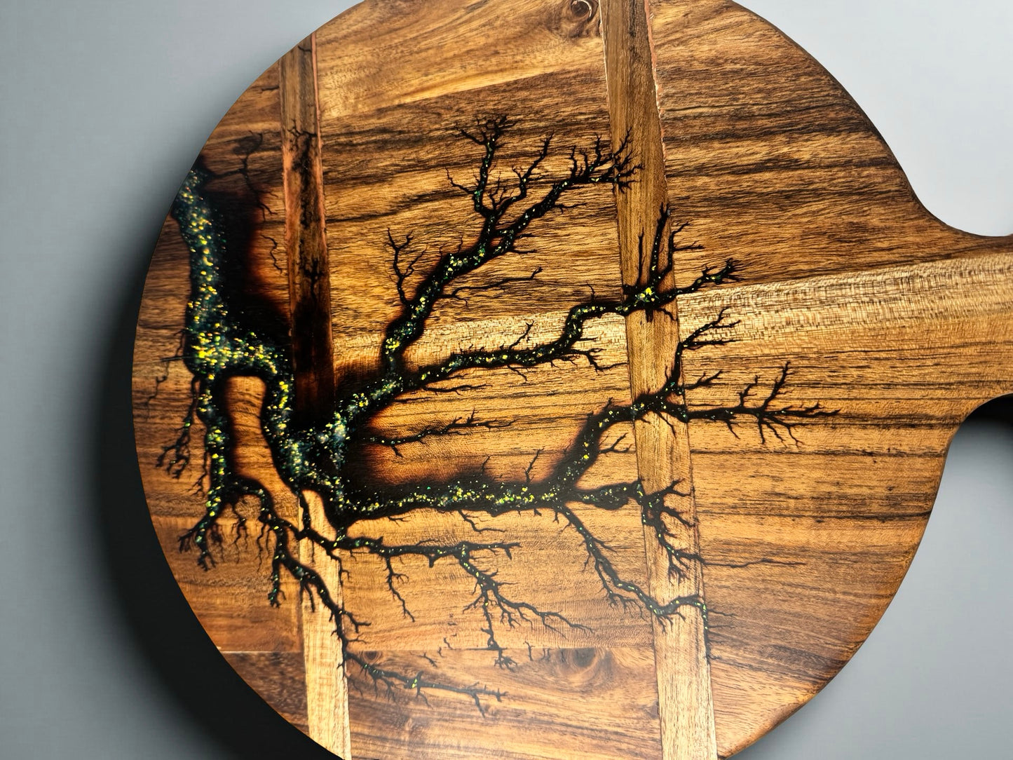 Acacia timber charcuterie cheese board featuring metallic gold resin inlay and fractal burning artwork, Australian resin boards East Gippsland, Fractal Flow Designs