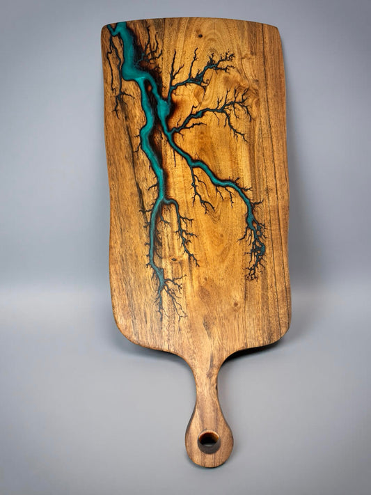 Premium green resin paddle serving board with lightning fractal burn design on acacia timber, handmade resin boards Australia, Fractal Flow Designs