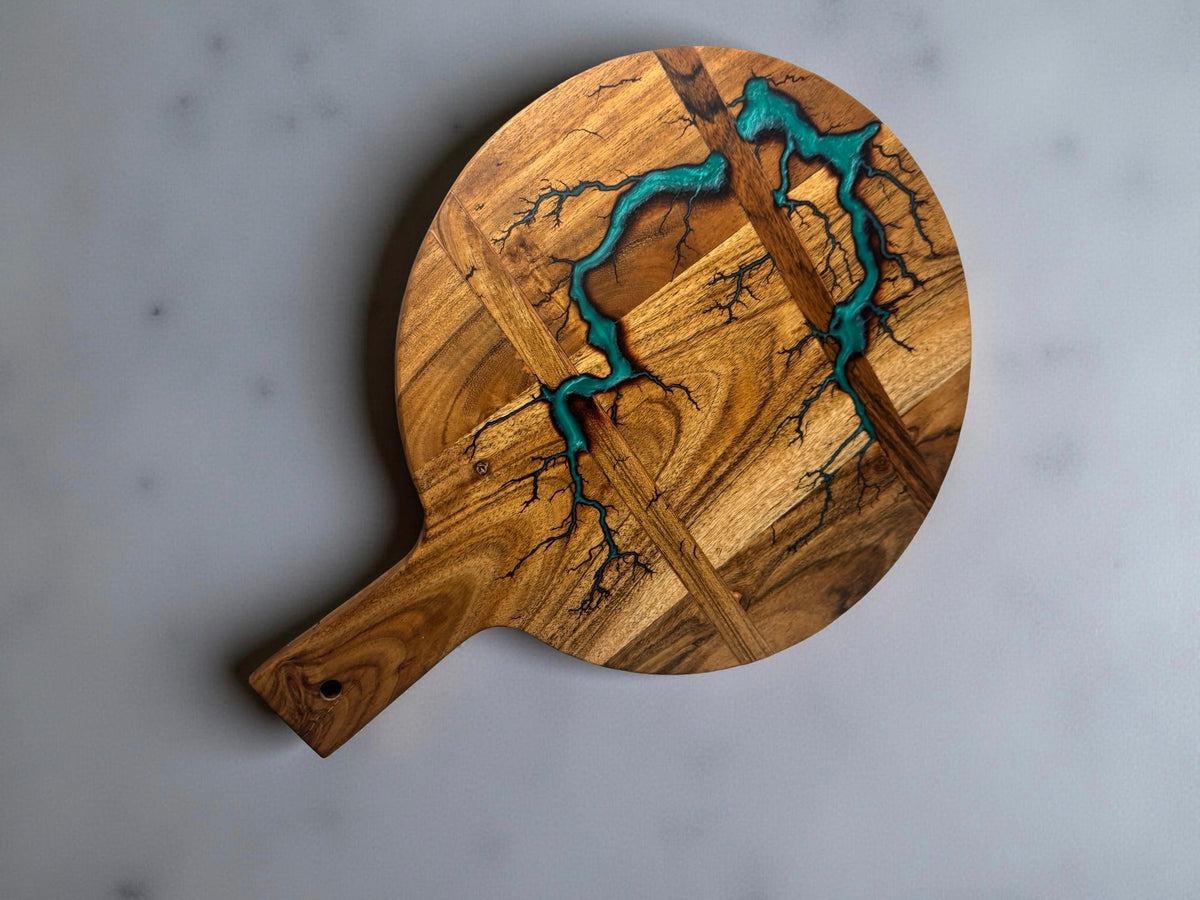Acacia timber cheese board with emerald green resin inlay and fractal burn lightning artwork, handmade Australian resin board East Gippsland, Fractal Flow Designs
