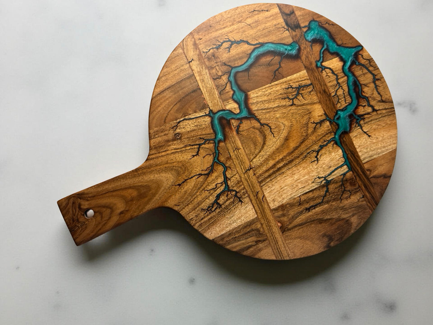 Green resin cheese board with fractal burning lightning pattern on acacia timber, handcrafted serving board East Gippsland Australia, Fractal Flow Designs
