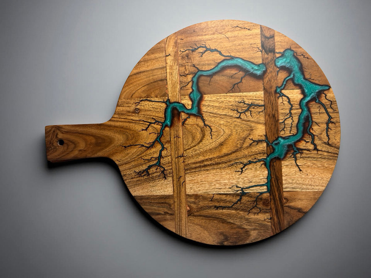 Green resin charcuterie cheese board with fractal lightning burn design across acacia timber, premium resin boards Australia, Fractal Flow Designs