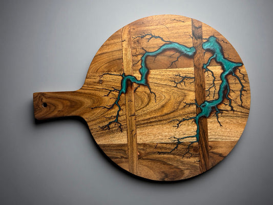 Green resin charcuterie cheese board with fractal lightning burn design across acacia timber, premium resin boards Australia, Fractal Flow Designs
