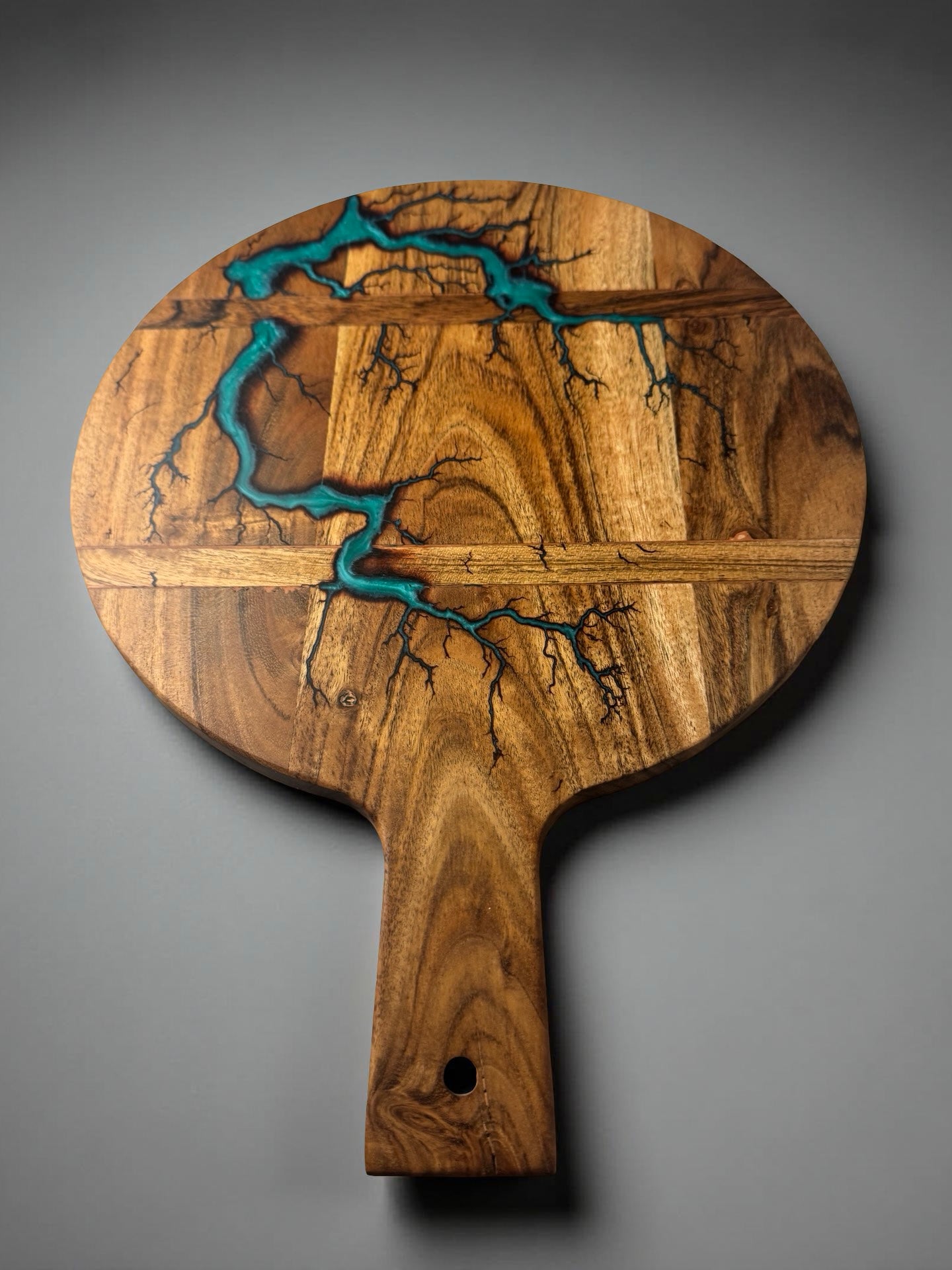 Acacia serving cheese board with emerald green resin and fractal lightning burn artwork, Australian resin board handcrafted in East Gippsland, Fractal Flow Designs