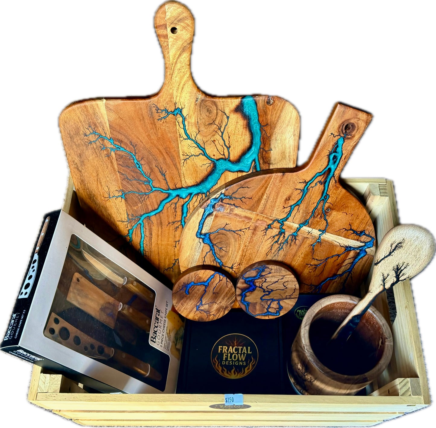 Premium resin board gift box with fractal burned timber board, cheese knives and entertaining essentials, Australia