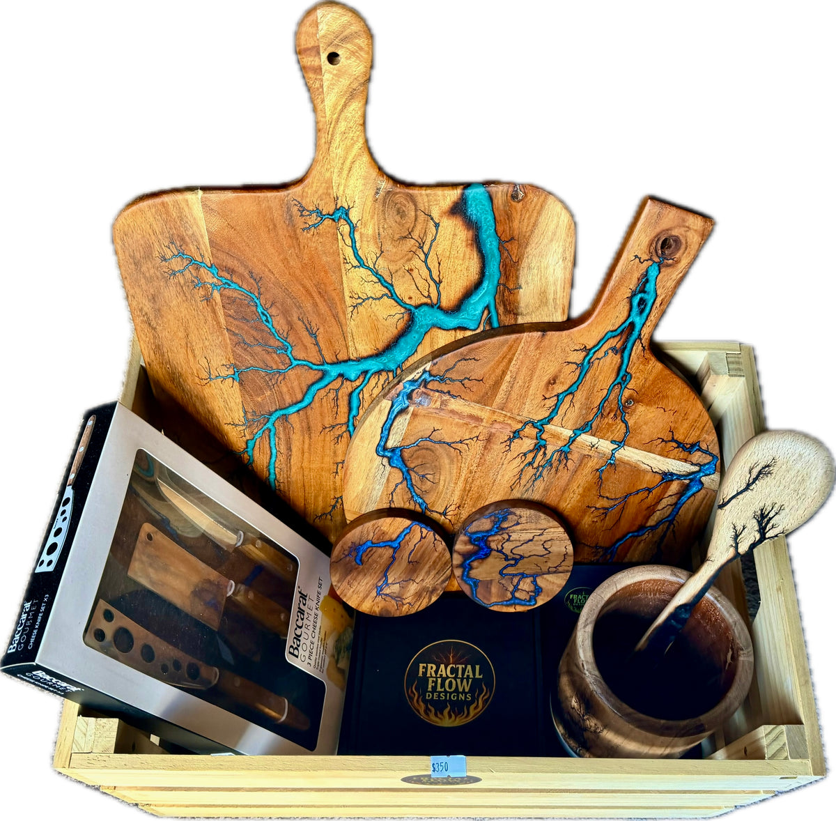 Premium resin board gift box with fractal burned timber board, cheese knives and entertaining essentials, Australia