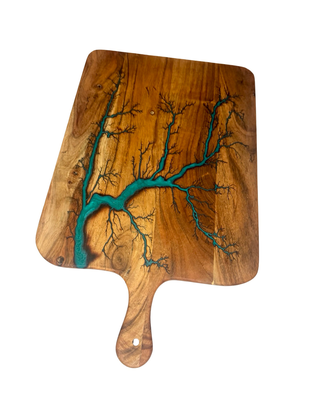 Large green resin serving board handcrafted from acacia timber with fractal lightning burn artwork, East Gippsland Australia, Fractal Flow Designs