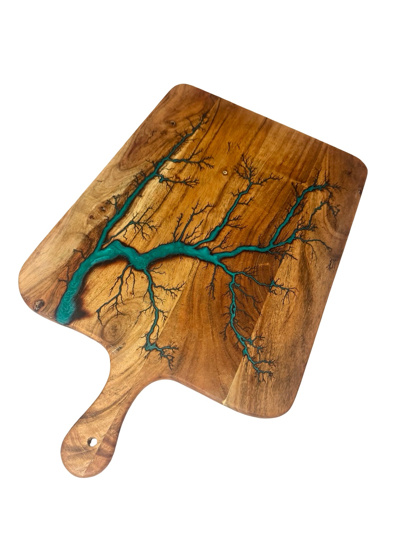 Handmade charcuterie serving board featuring green resin inlay through fractal burned acacia timber, artisan resin boards Australia, Fractal Flow Designs