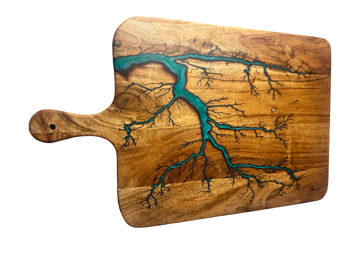 Premium acacia timber serving board with deep green resin river and fractal burning lightning pattern, Australian resin boards East Gippsland, Fractal Flow Designs