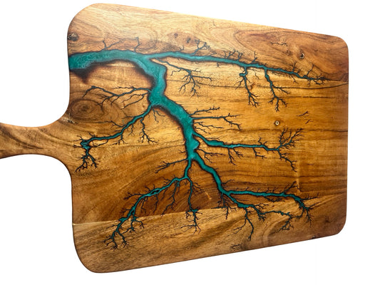 Fractal burned acacia timber serving board with vibrant green resin flowing through the grain, handcrafted grazing board East Gippsland Australia, Fractal Flow Designs