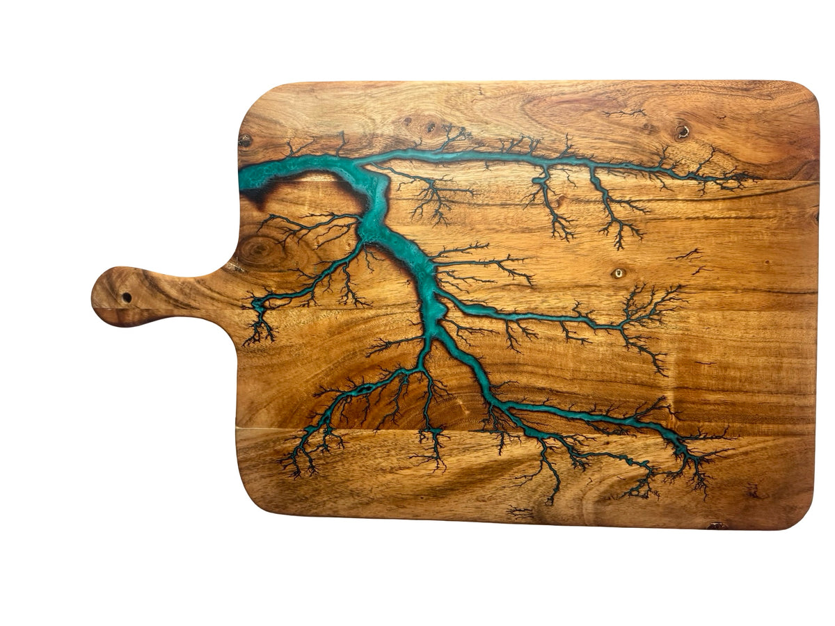 Australian handmade serving board with green resin art and natural fractal burning design across acacia timber, resin boards Australia, Fractal Flow Designs